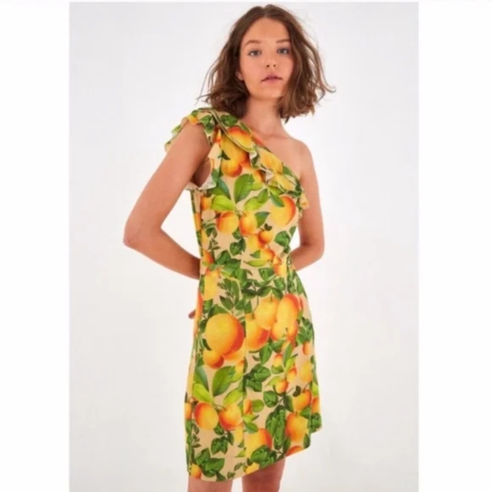 Farm Rio Orange Sands One Shoulder Linen Mini Dress